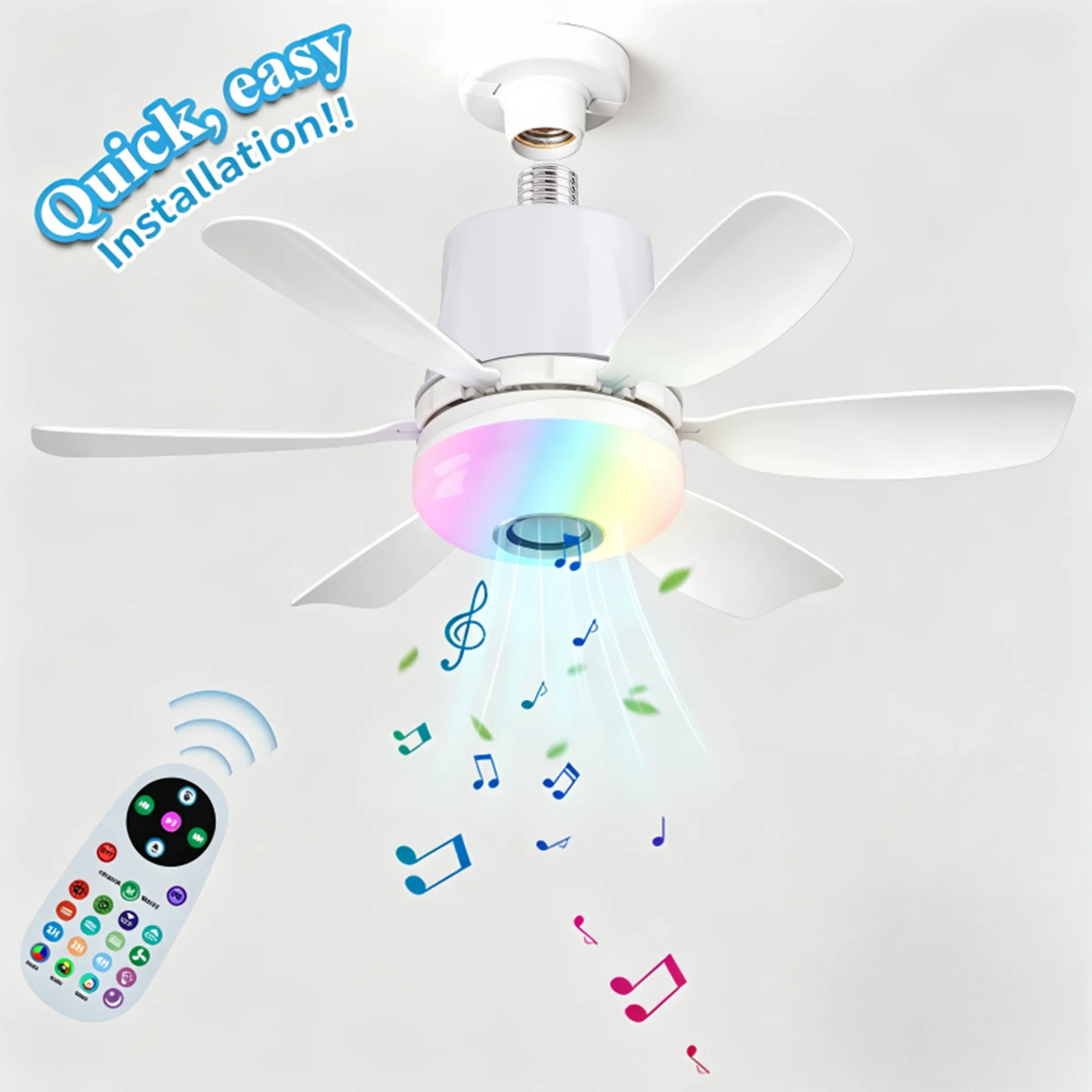 Cool Summer Vibes, 20in 28W Bluetooth RGB Music Ceiling Fan Light, Dimmable LED Fan Lamp with Remote Control, Color Mood Lighting Perfect for Summer Bedroom & Home Party Decor