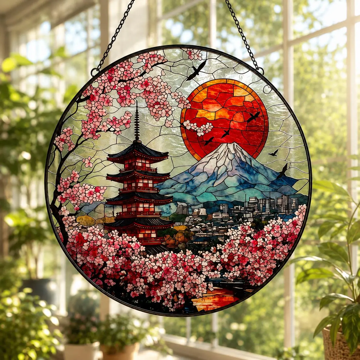Japanese Mount Fuji Cherry Blossom Stained Glass Suncatcher, Sakura Window Hanging, 3D Zen Garden Decor