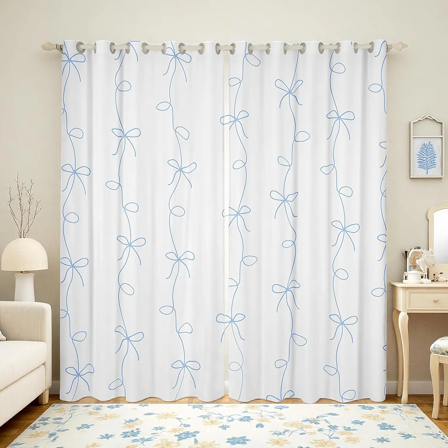Blue Ribbon Bow Darkening Blackout Curtains,Blue Coquette Bowknot Curtains (2 Panels ) Bedroom Room Decor,Princess Bowtie Cute Bows Kawaii Window Treatments