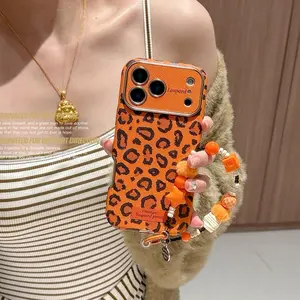Compatible with for iPhone 17 Pro Max/16 Pro/15/14/13 Creative orange background leopard print phone case- HN1218-10