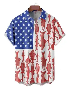Fish USA Flag Hawaiian Shirt, Patriotic Bass Fishing American Flag Button Down Shirt, Trendy Fourth of July Aloha Shirt for Adults and Youth