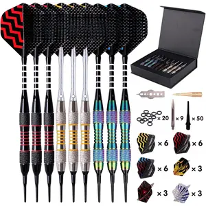 Darts Plastic Tip - Professional Soft Tip Darts Set for Electronic Dartboard 9 Pcs 18 Grams with 50 Extra Tips 9 Shafts 27 Flights Tool Kit Flight Protectors and Gift Darts Case