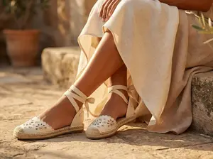 Women's Premium Lace Espadrilles - Embroidery Cut-Out Canvas Flats with Adjustable Ankle Wrap & Bow