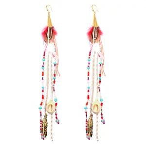 2pcs Bohemian Feather Dangle Earrings with Shell Beads Multicolored Long Fringe Tassel Natural Feathers Drop Earring Hooks for Women Wedding Engagement Party Gifts