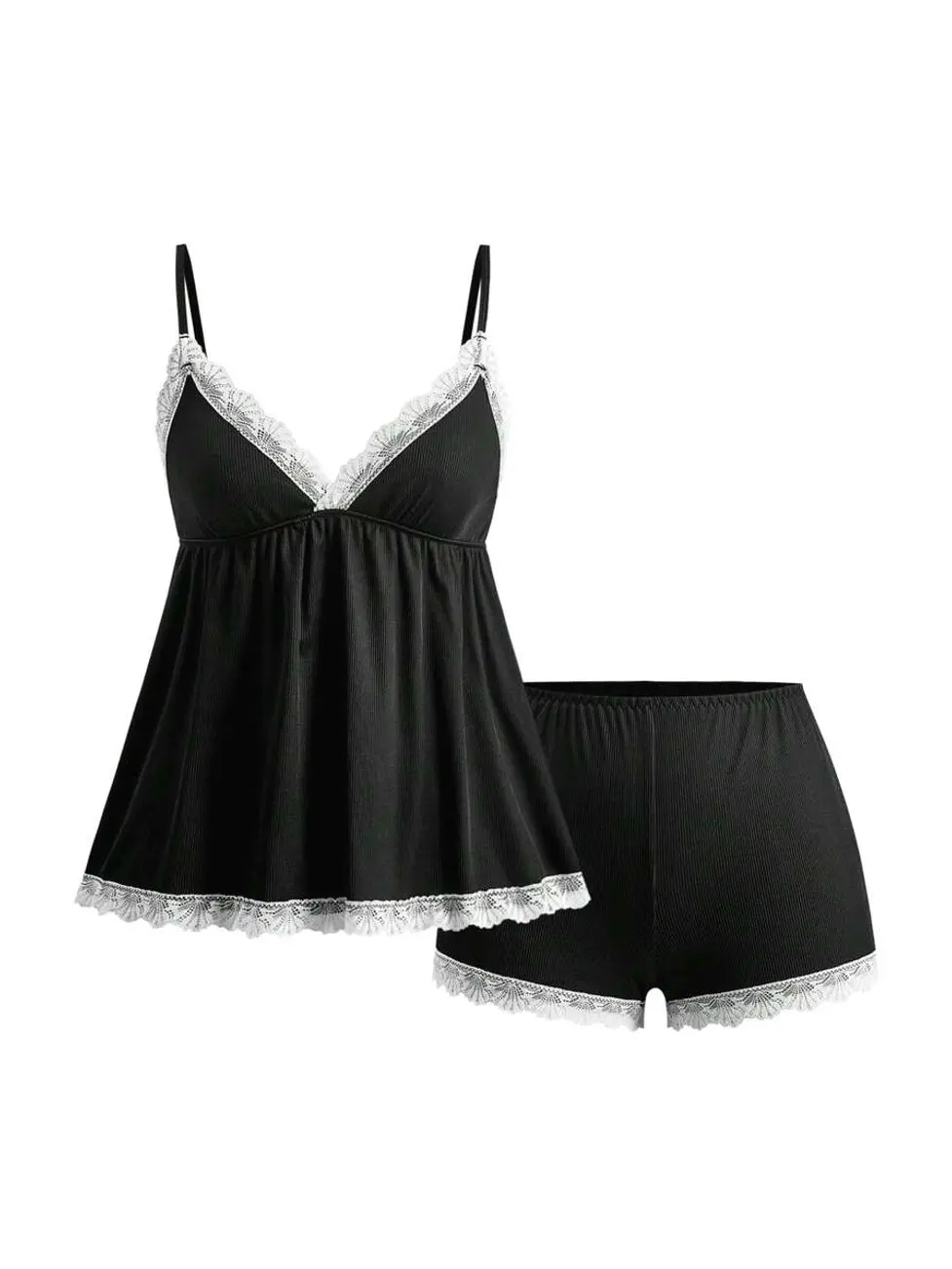 Women's Ribbed Lace Cami Shorts Pajama Set, Soft 2 Piece Sleepwear Outfit, Casual Lounge Set for Bedroom, Home, Vacation, Travel, Summer Nightwear & Relaxing Everyday Wear