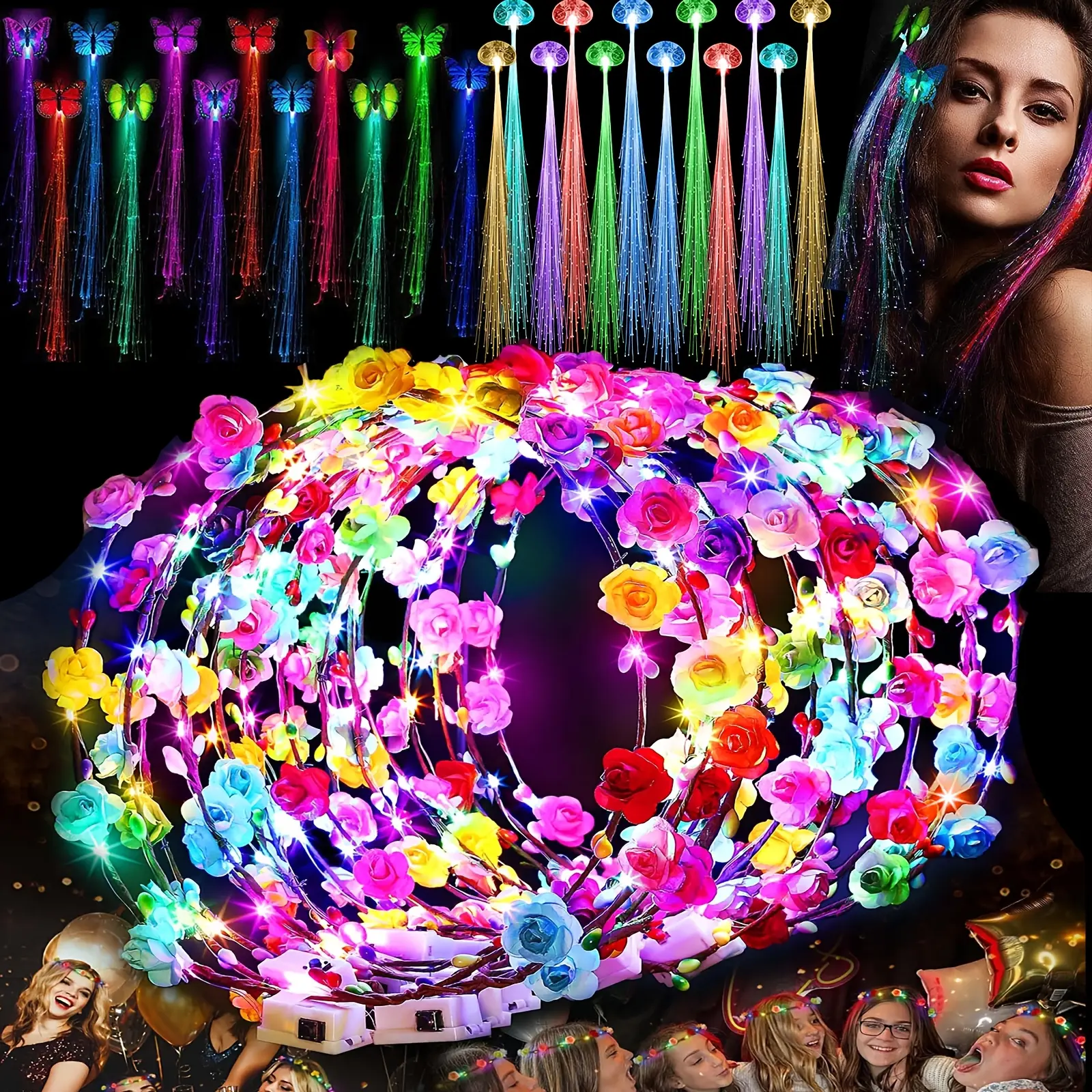 Balonasia 36-Piece Unisex Glow-in-the-Dark LED Party Accessory Set - 12 Flower Crowns, 12 Transparent Butterfly Braids, LED Butterfly Wings, Masks, ABS Components for Birthdays, Weddings, Colorful Festive Home Supplies Decor