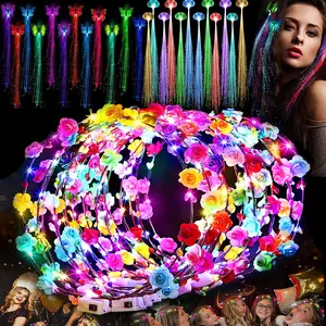 MICRENCY 36-Piece Glowing Party Headpiece Set with 12 Flower Crowns 12 Transparent & Butterfly Braids LED Butterfly Wings for Birthdays Weddings Christmas New Year & Role-Playing Decorations - Masks