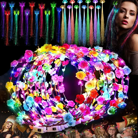 Balonasia 36-Piece Unisex Glow-in-the-Dark LED Party Accessory Set - 12 Flower Crowns (Crown for Christmas Included), 12 Transparent Butterfly Braids, Butterfly Wings, Masks, ABS Components with LED Light for Birthdays, Decorations