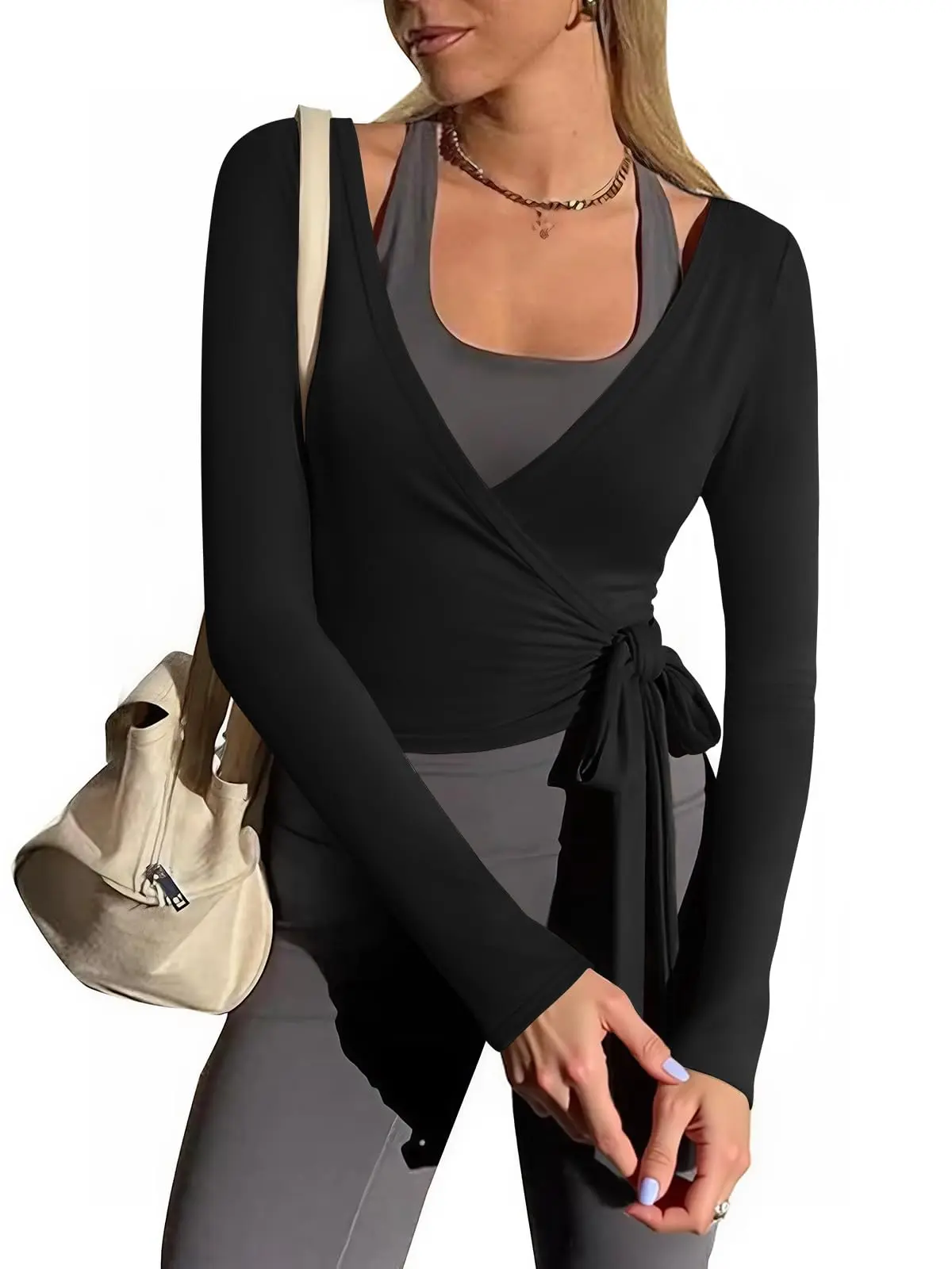 Lunvique Women's Lightweight Wrap Blouse - V-Neck, Cross-Tie Closure, Long Sleeve, Cropped Fit, Stretch Polyester-Elastane, Machine Washable, Athletic Apparel, Casual/Breathable Workout Tops, Yoga Pilates, Versatile Layering Piece