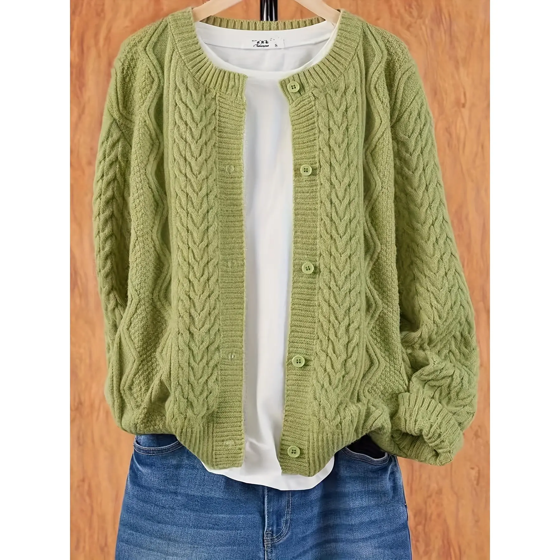 [1pc Elegant Acrylic Cardigan Twist] 1pc Elegant Women'S Fall/Winter Acrylic Cable Knit Cardigan - Solid Color Twist Detail Crew Neck Open Front Knit Fabric Sweater