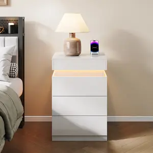 17.72" Modern Nightstand with Built-In Charging Station & LED Lighting, 3-Drawer Sliding-Top Bedside Table, Sturdy MDF End Table for Bedroom, Living Room & Small Spaces