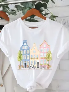 Amsterdam House Pastel House Tourism Art Print Fashion Casual Short Sleeve T-Shirt, Summer Wear Regular Fit, Round Neck Women's Affordable Tee