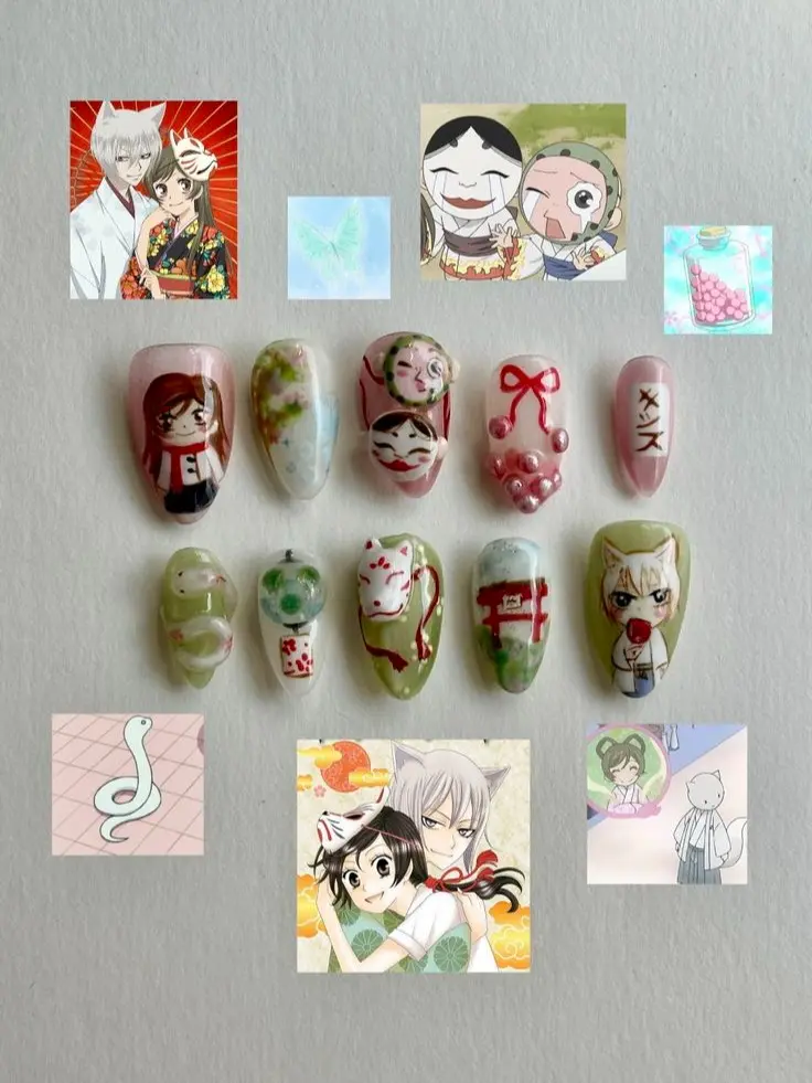 Kamisama Kiss Press On Nails, Nanami Tomoe Anime Fake Nails, Hand Painted 3D Character Nail Art, Japanese Kawaii Reusable Handmade Nail Set | Gift Set (Adhesive Tabs, Nail File, Cuticle Stick)