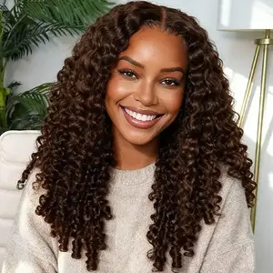 CurlyMe Burmese Curly Mocha Mousse Color 250% Thick Density Pre Cut Swiss Lace Snug Fit Wear Go Glueless Wig Pre-plucked Human Hair