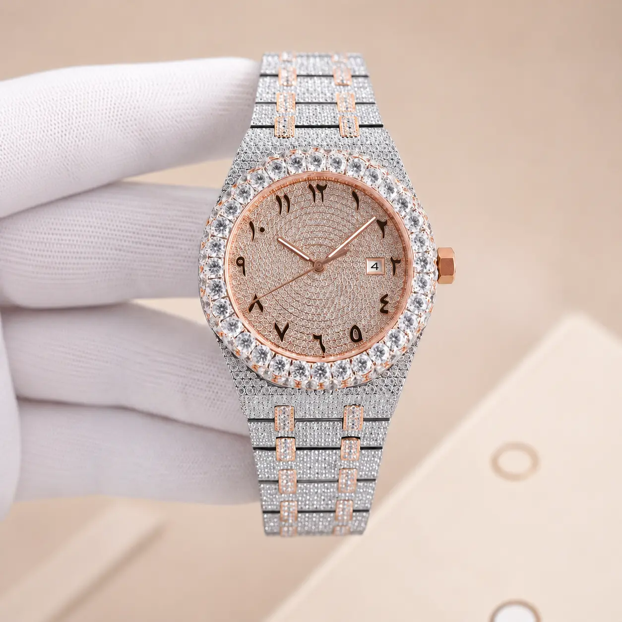 Full Iced quality wrist watch automatic waterproof bling bling diamond style watch round face design with Arabic numerals.