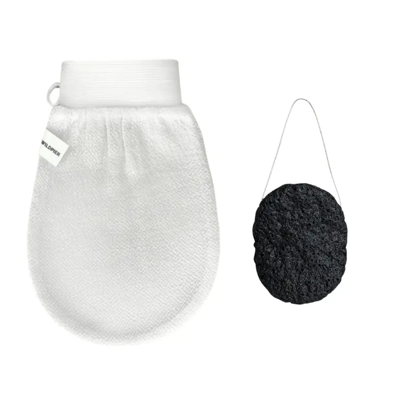 Wildpier️ Deep Exfoliating Glove and Bamboo Charcoal Konjac Sponge - Plant-based, Biodegradable, Eco-Friendly Skincare