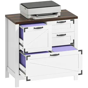 4-Drawer Lateral File Cabinet – White. Farmhouse Barn Style + Black Metal Corners. Large Drawer (Letter/A4/Legal) + Middle Drawer + 2 Small Drawers. 110 lbs Cap