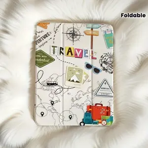 1pc Travel Map Tri-Fold Flip Stand Pen Holder Anti-Drop for iPad Protective Case, Foldable Non-Slip Adjustable Kickstand Flexible Hybrid Cover, Compatible with iPad Air 4th/5th 10. 9-inch, 7th/8th 10. 2-inch, 5th/6th/Air1/Air2 9th 7-inch, Air3rd 10. 5-inc