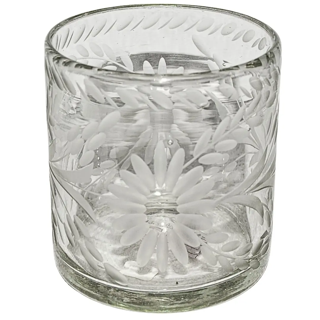 Rios Hand Blown & Etched Whiskey Glass 3" Dia x 3 ¼" L Exclusive Custom Glassware Inspired by Hotel Drover Collection