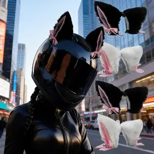 A pair of motorcycle helmet accessories - plush cat ears with bows, available in pink and black. The ears are detachable and suitable for both men and women.