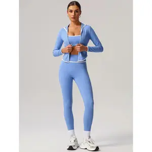 Women's Contrast Binding Sports Bra & Zip Up Jacket & High Waist Leggings Set, Sporty Comfy Outfits for Yoga Gym Workout Running, Yoga Clothes Set, Co-ord set women