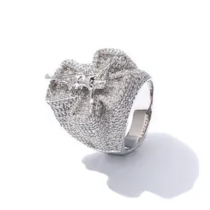 Custom Synthetic Moissanite Cross Ring Pass  Test 925 Silver Iced Out Hip Hop Jesus Jewelry