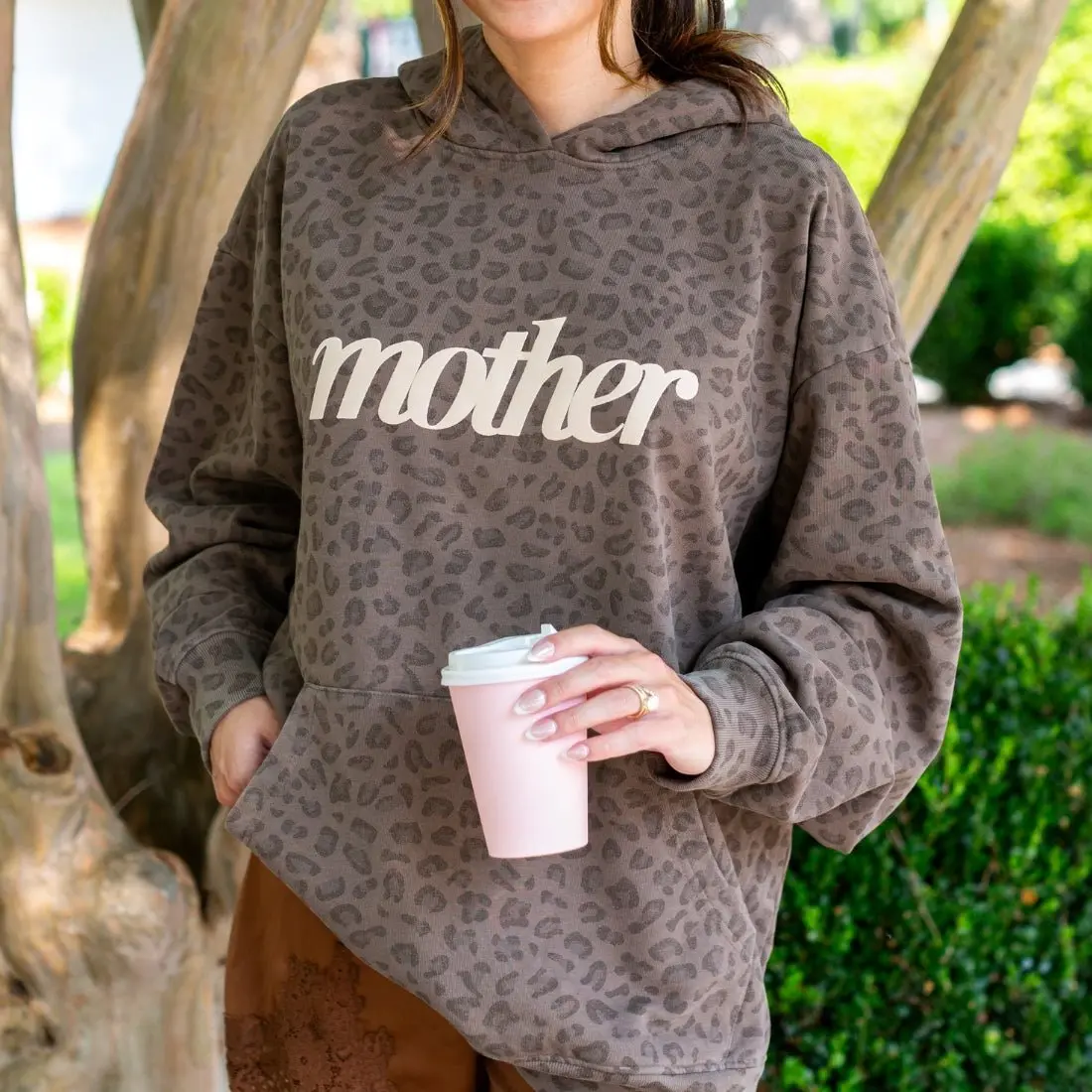 Women's 'Feral Mother' Vintage Leopard Print Hooded Neck Hoodie - Heavyweight Fleece, 3D Puff Mama Graphic, Loose-Fit Oversized Boxy Pullover, Cozy Sweatshirt, Machine Wash, Mom Gift