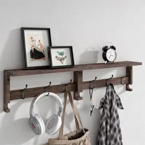 Hooks, Wood Rack Wall-Mounted, 31.5 Inch Entryway Shelf with 10 Hooks (Brown