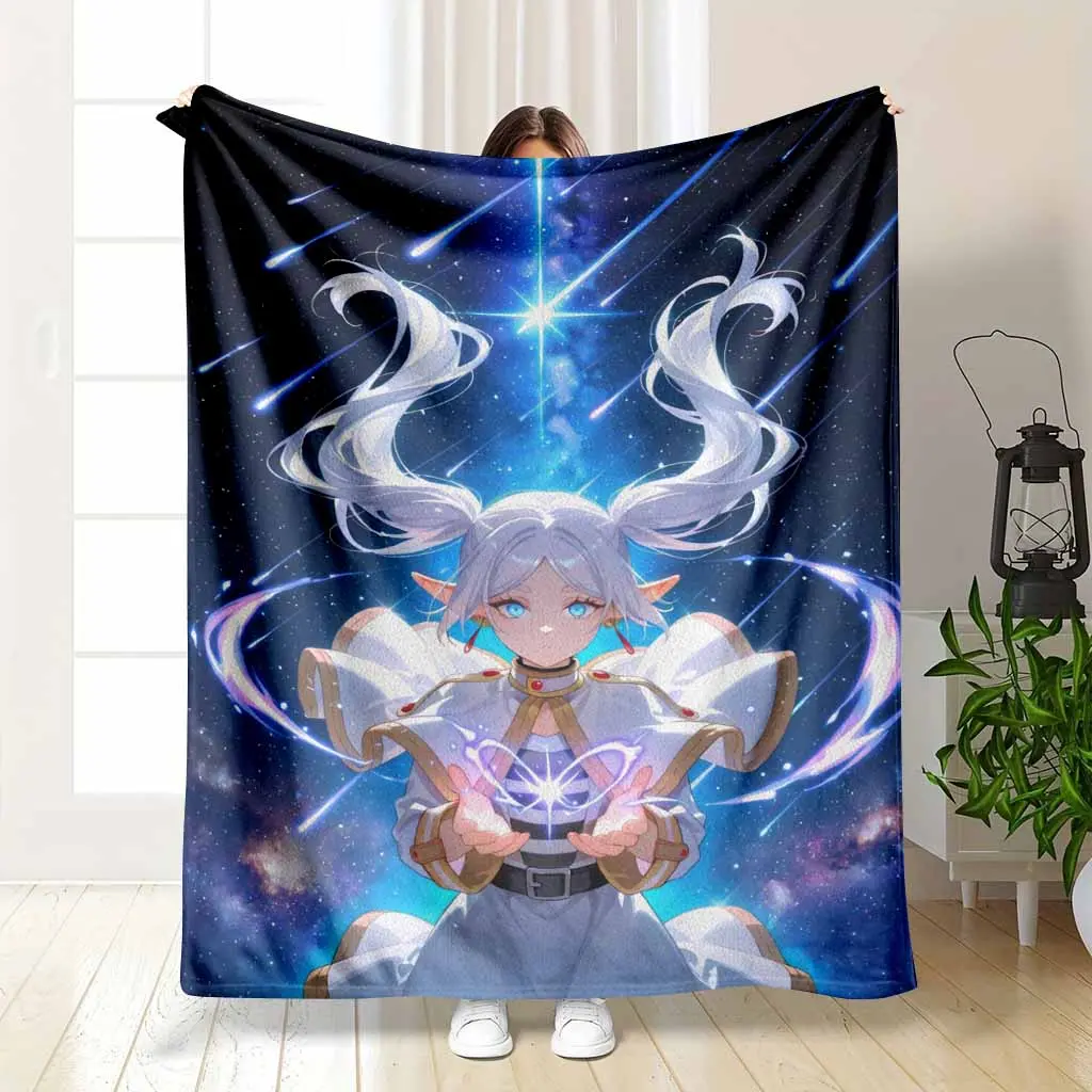 Anime Elf Girl Flannel Blanket Fantasy Celestial Starry Night Pattern Ultra Soft Lightweight Warm Cozy Breathable Versatile Decorative Throw Ideal For Bed Couch Living Room Travel Office Gift