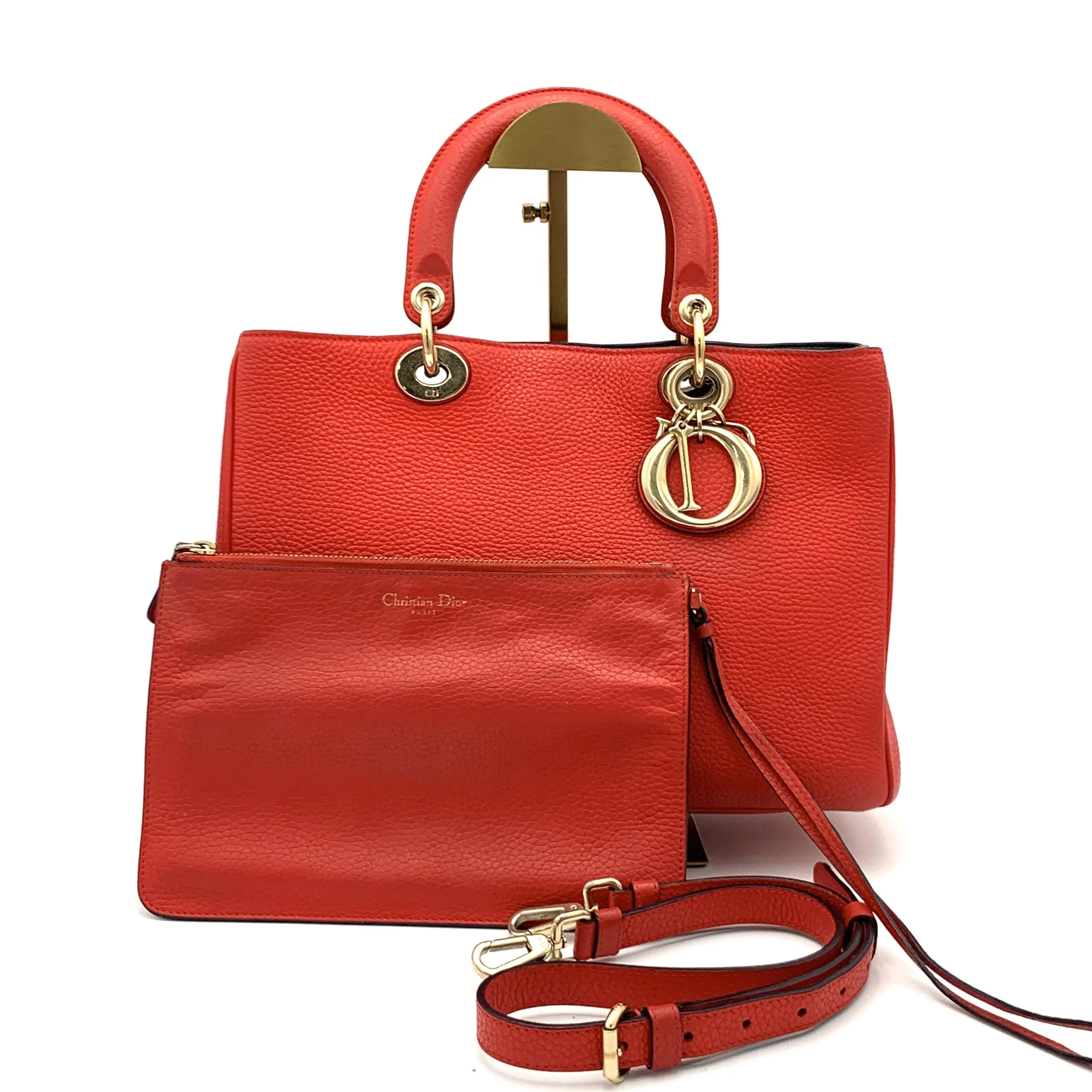 Pre-owned Dior Leather Tote Diorissimo Pebbled Red Medium#3953