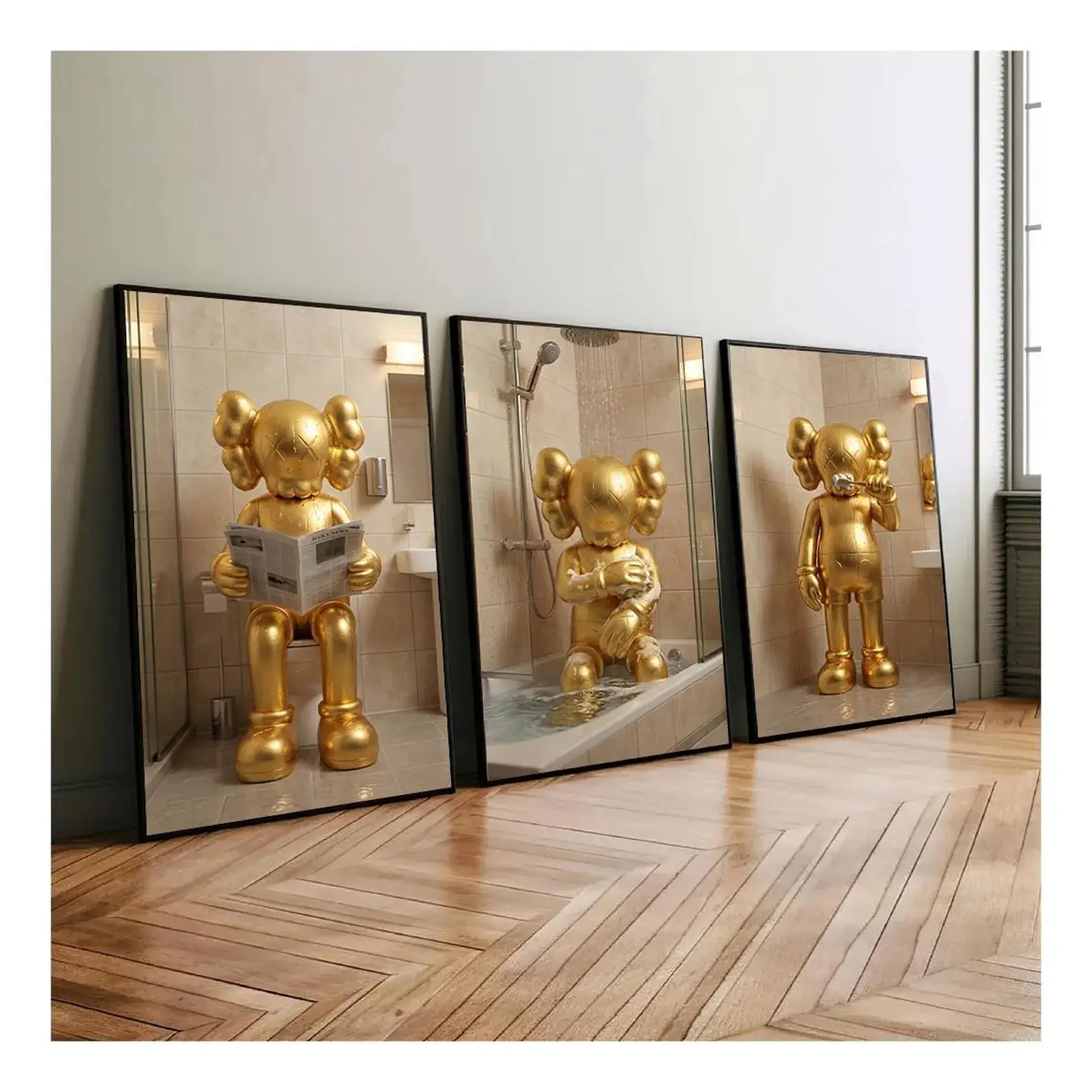 KAWS Bathroom Wall Art Set of 3,Gold Shower Poster,Hypebeast Washroom Decor,Modern KAWS Prints,Luxury Bathroom Wall Decor