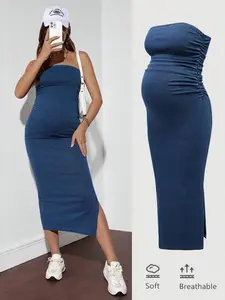 ELARA Maternity Denim Bodycon Dress, Strapless, Blue