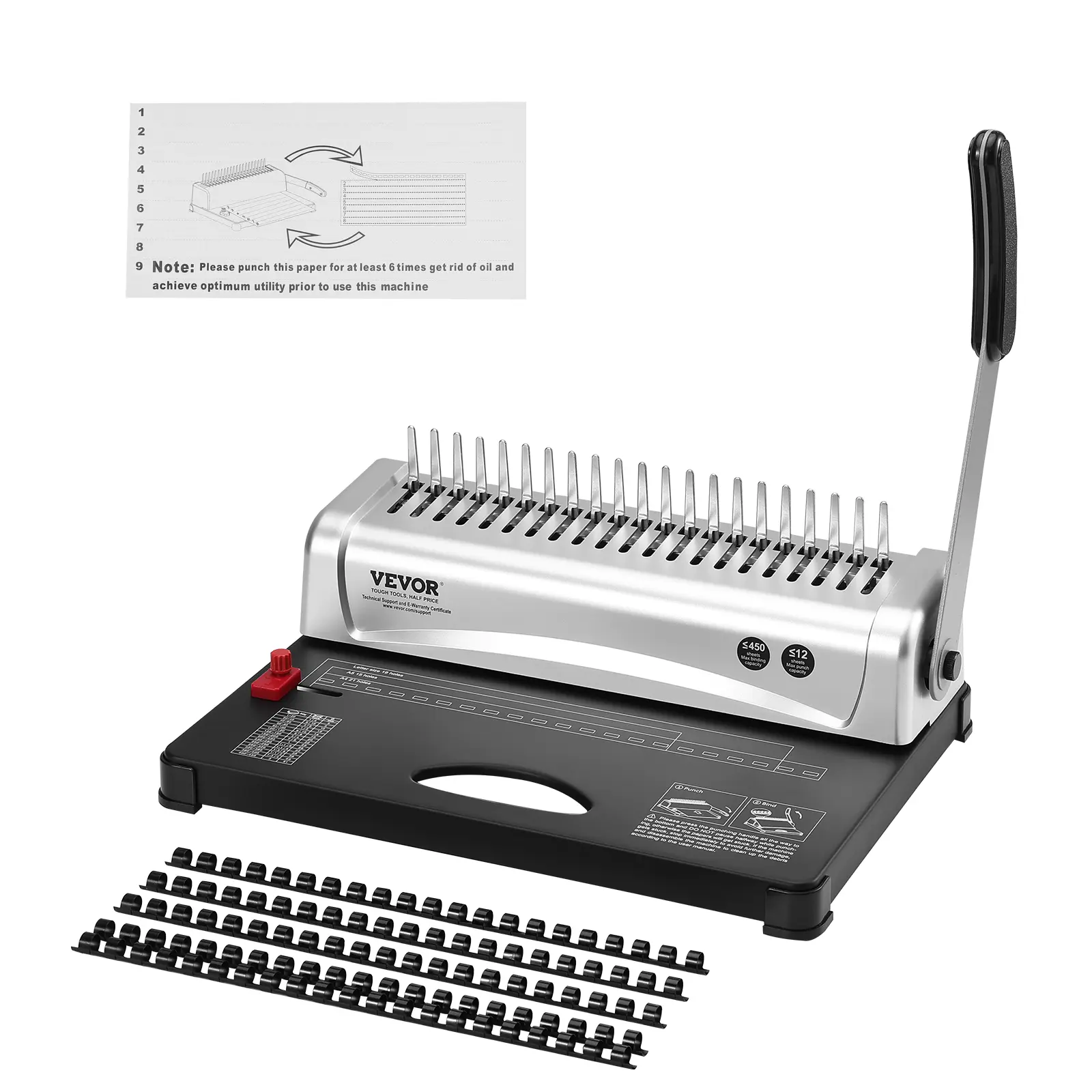 【DealsForYouDays】VEVOR Binding Machine Comb Binding Machine 21-Holes Binding 450 SheetsBook Binder Machine with 100 PCS 3/8'' Comb Binding Spinesfor Letter SizeA4A5
