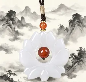 Natural Stone Milky White Jade Lotus Pendant Necklace with Red Agate - for Calming Energy, Inner Balance