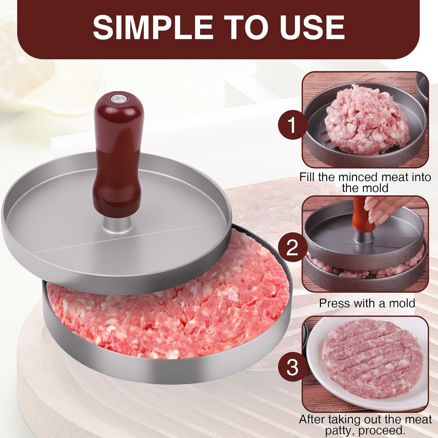 Non-Stick Handheld Round Burger Press Utensils - Thick, Smooth Patty Maker for Uniform Meat & Beef Forming, Essential Kitchen Tool for Home Cooking & Outdoor Grilling (Cheese Patty Compatible), 1 Pc, Home/Outdoor