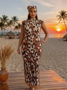 Elegant Ruffled Slim Fit Long Dress Set, Animal Print Shawl Scarf, Beach Sun Protection Silk Scarf for Women, Fall & Winter Fashion