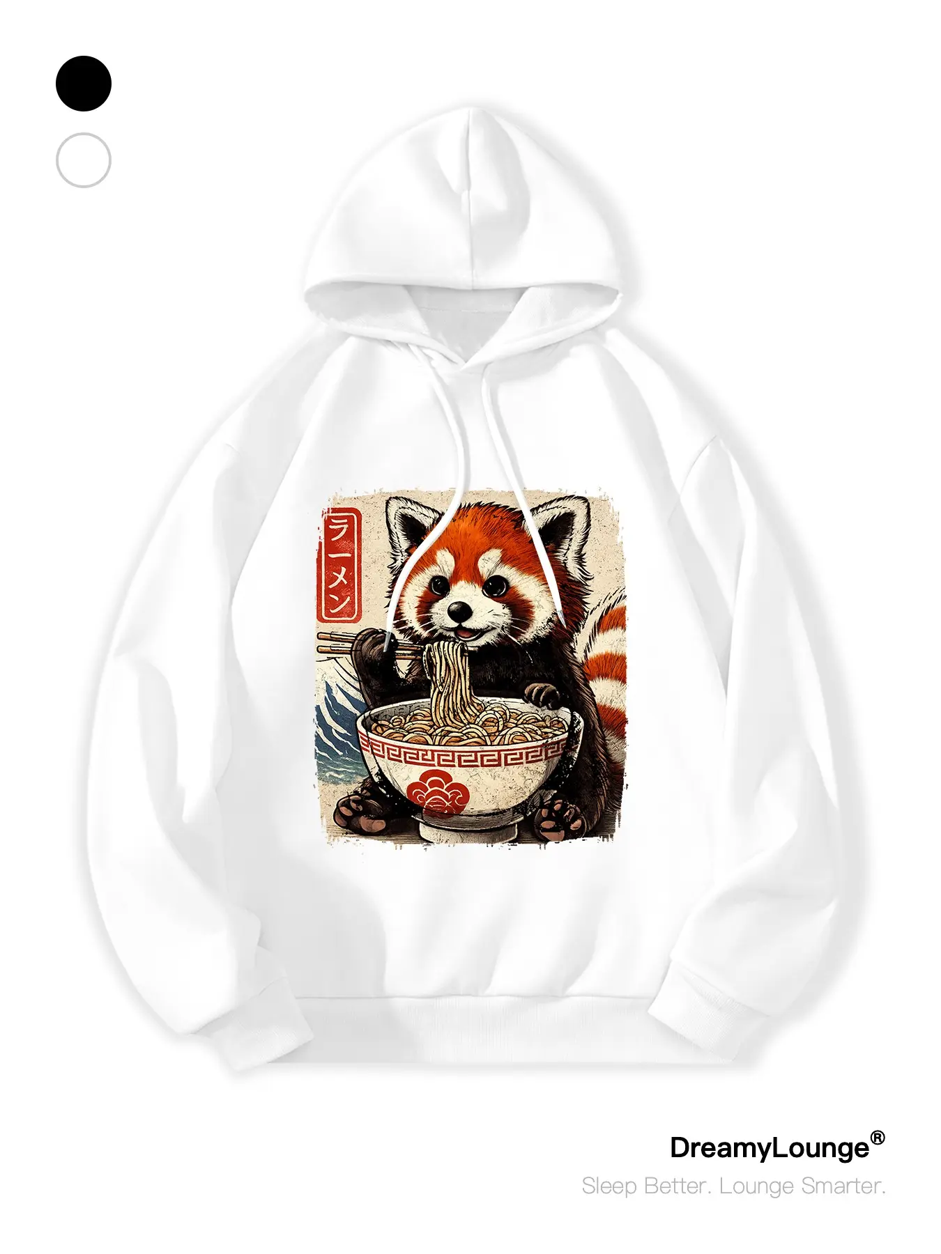 Ukiyo-E Wave Element Small Panda Eating Ramen Hoodie, Loose-Fit Casual Sweatshirt, Breathable Outdoor Wear, Daily Home &