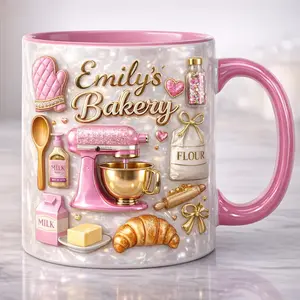 Personalized Baking Mug 2D Printed 3D Effect Coffee Cup, Custom Bakery Name Ceramic Mug with Cute Pink Mixer Design, Kitchen Aesthetic Keepsake for Baking Lovers Bakers, Sweet Gift Idea for Her Women Friends Birthday Housewarming Present