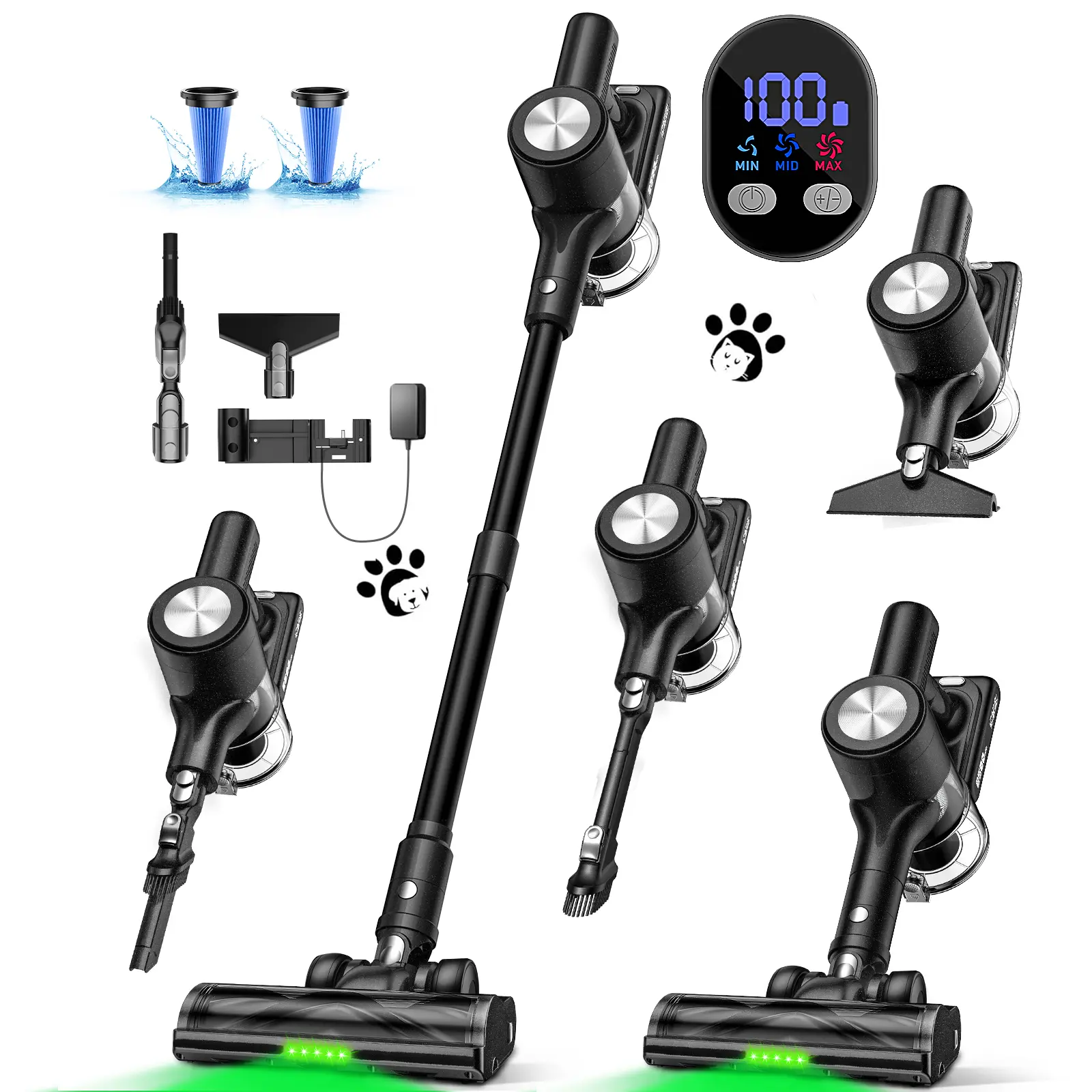 VICEASE Cordless Vacuum Cleaner, 500W Stick Vacuum with 55 Mins Runtime, Self-Standing Vacuum Cleaner for Home, LED Display, Anti-Tangle Brush, Rechargeable Vacuum for Hardwood Floor, Pet Hair