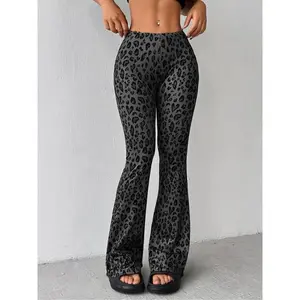 Women’s leopard print flare-leg pants — fashionable fitted casual slim-fit comfortable elastic-waist bell-bottom trousers for spring and fall; women’s bottoms for daily wear; premium fabric; womenswear