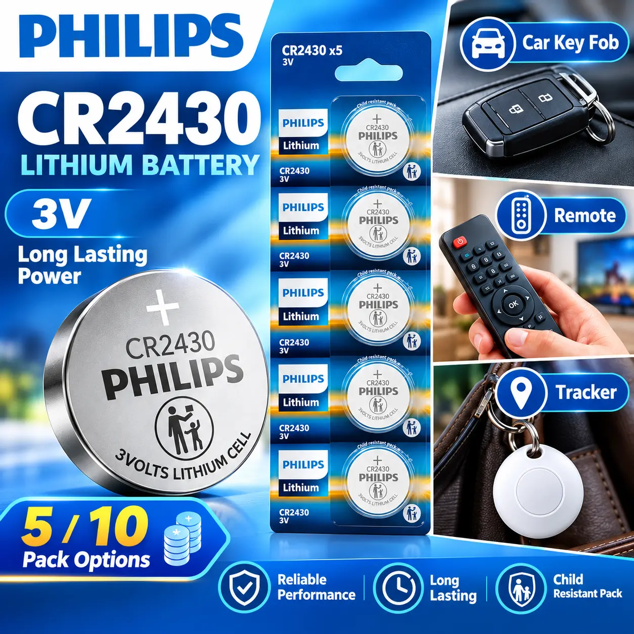 PHILIPS CR2430 3V Lithium Coin Battery - 3v Voltage Lithium Cell Replacement Batteries, 5-Pack/10-Pack for Key Fobs, Remotes, Electronics