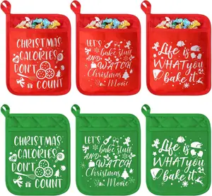 6 count Christmas Potholders with Pocket Potholder Kitchen Hot Pad Oven Mitts Farmhouse Hot Potholders Cookie Bag for Christmas Kitchen  Cooking Baking (Red, Green,Cute Style)
