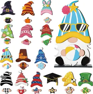 Cute Gnome Sign Interchangeable Gnome Desk Decor with Magnet Accessories Gnome Wooden Sign for Summer Holiday Seasonal Graduation Party Office Home Living Room, Independence Day Decoration, Gift for Gnome Lovers