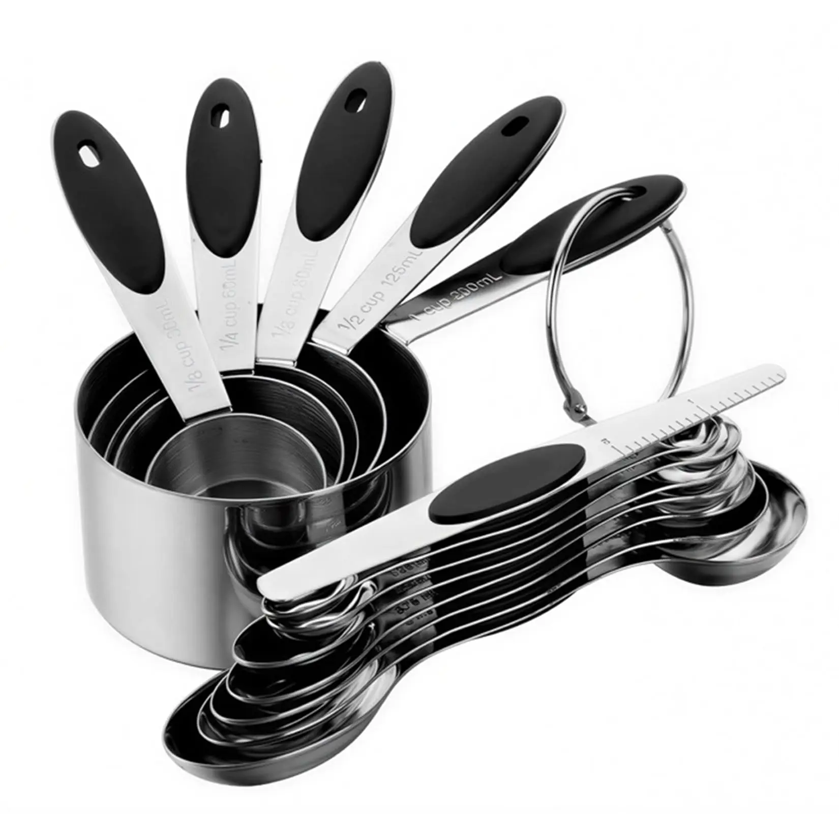13-Piece Black Measuring Cups and Spoons Set – 304 Stainless Steel, Black Non-Slip Handles, Nestable Kitchen Tools, Dishwasher Safe, Perfect for Cooking, Baking, and Seasoning