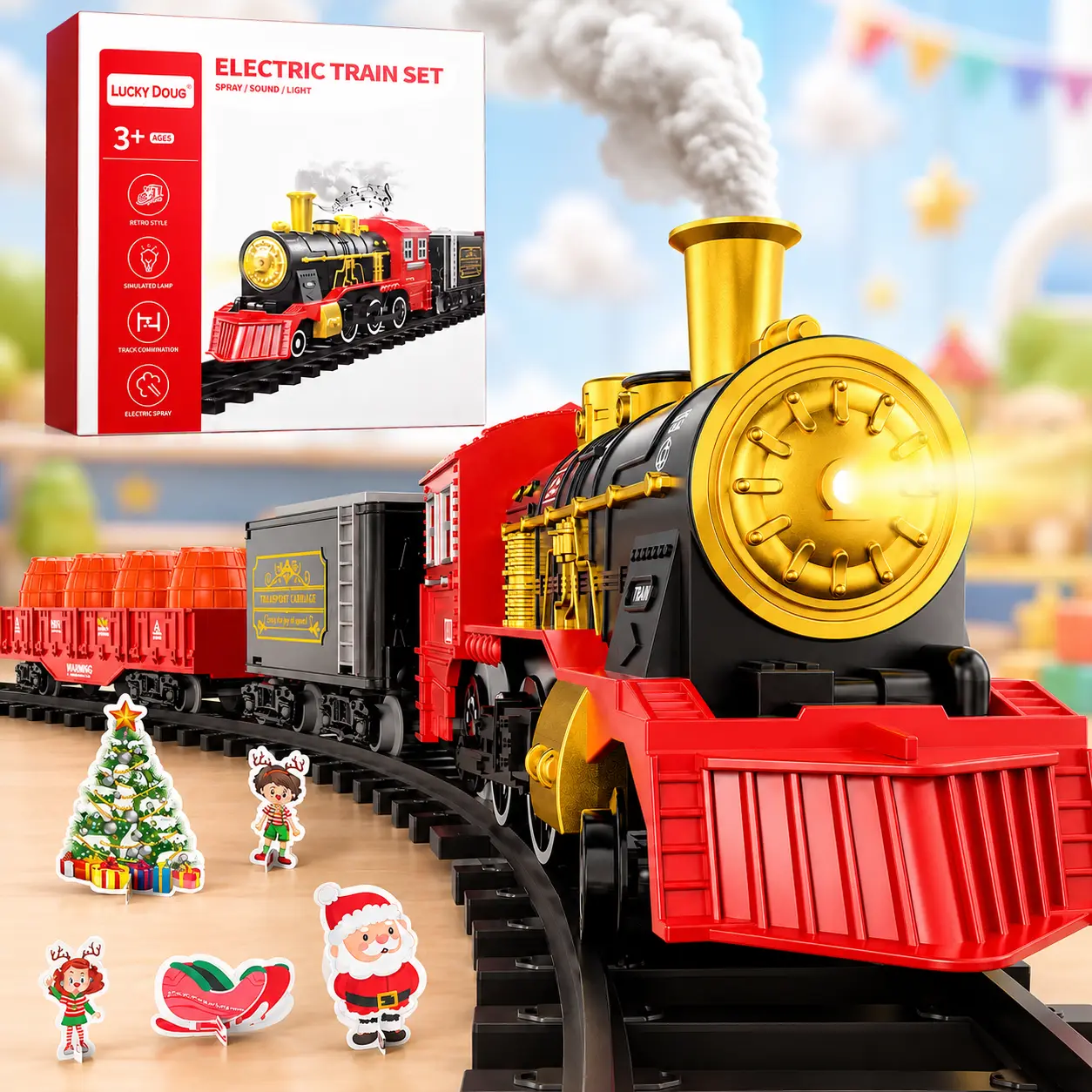 Train Set for Kids Toddlers 3-5,Rc Steam Locomotive Christmas Train,Remote Control Train Toys,Christmas Gift for Kids Boys Girls with Smokes,Lights and Sound,Electric Train Set with Steam Engine, Cargo Car & Long Track, Battery-Powered Play Red Train Toys
