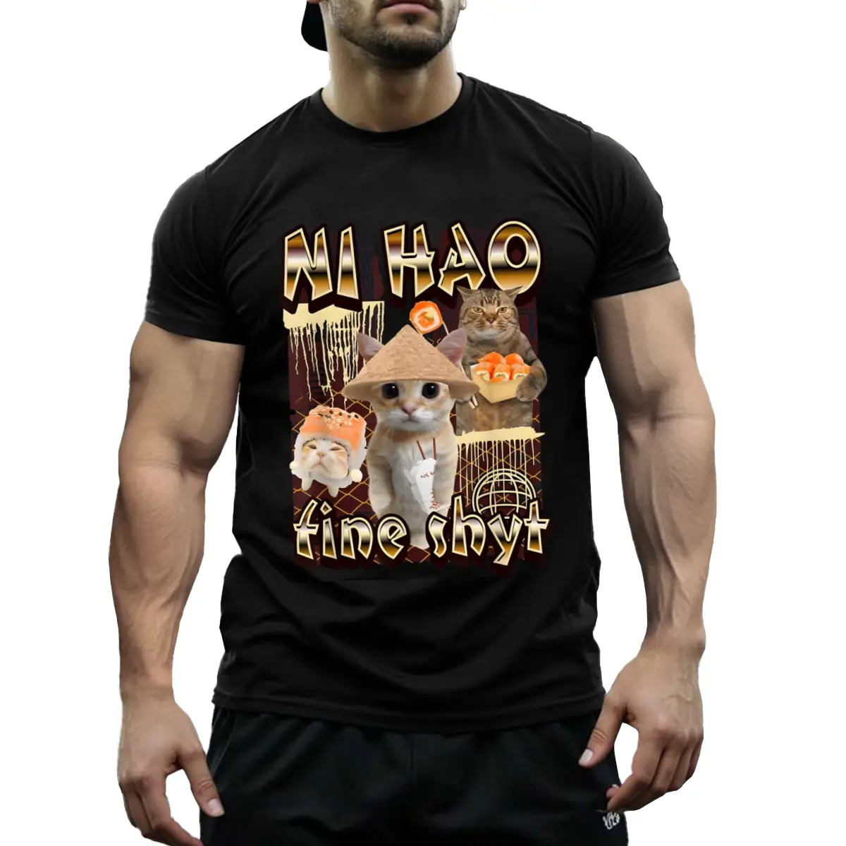 Unisex Short-Sleeve Breathable Round Neck Funny Chinese Characters & Cats Meme T-Shirt - Ni Hao Fine Stuff Sarcastic Gold Print Top, Soft Washed Cotton Everyday Streetwear, Viral TikTok Humor Aesthetic Outfit, Tops, Shortsleeve