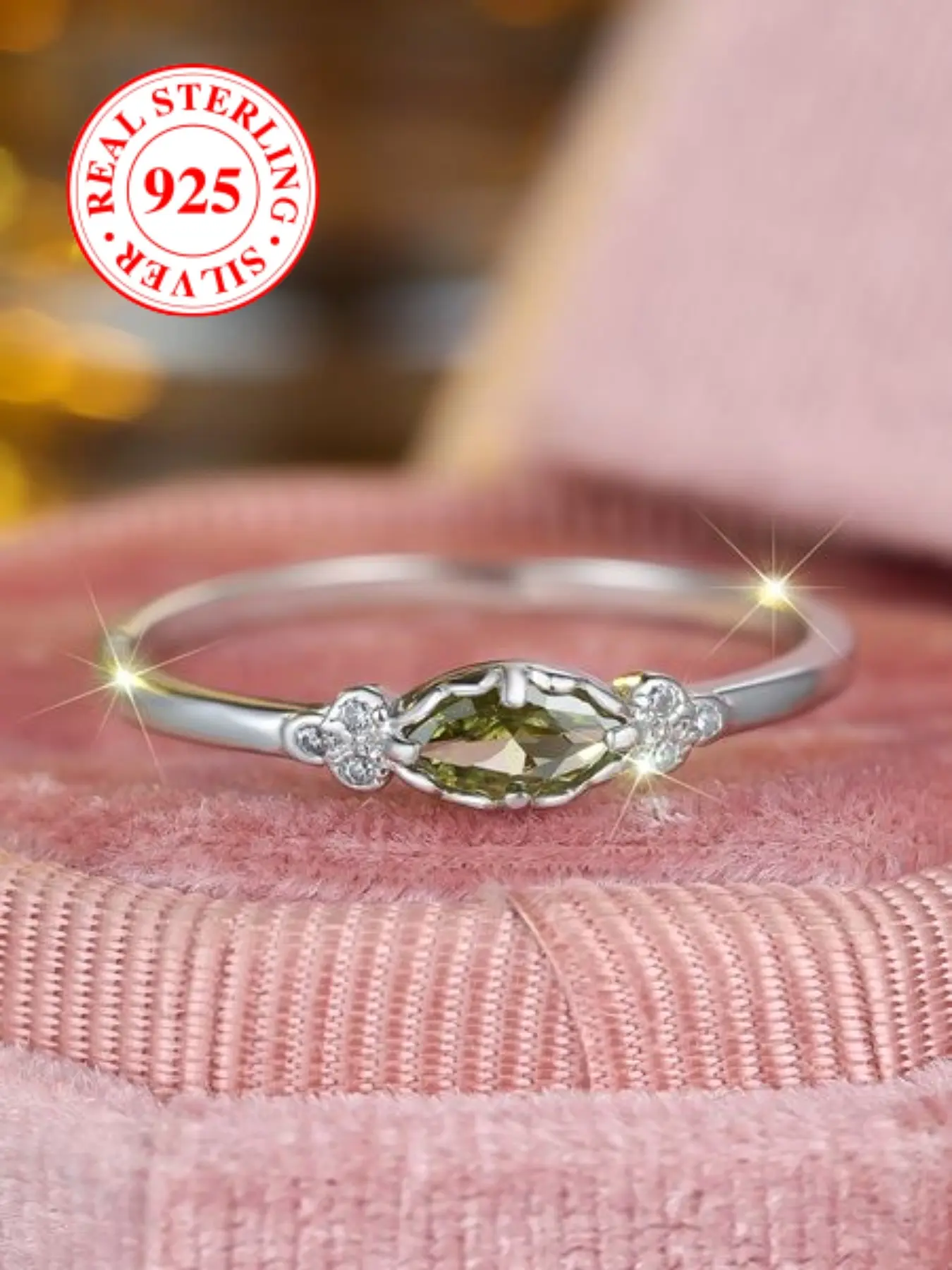 S925 Sterling Silver Ring, Olive Simulated Zirconia, Elegant Women's Evening Party Marquise Ring, Jewelry Rings, Includes Box, Simple and Delicate Design