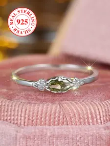 S925 Sterling Silver Ring, Olive Simulated Zirconia, Elegant Women's Evening Party Marquise Ring, Includes Box, Simple and Delicate Design