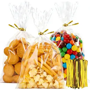 100 Pack Cellophane Bags, 6x10-Inch Clear Cellophane  Bags with 100  Twist Ties Included, Plastic Packaging Bags Ideal for Wrapping Cookies, Candies, Party Favors, and Popcorn