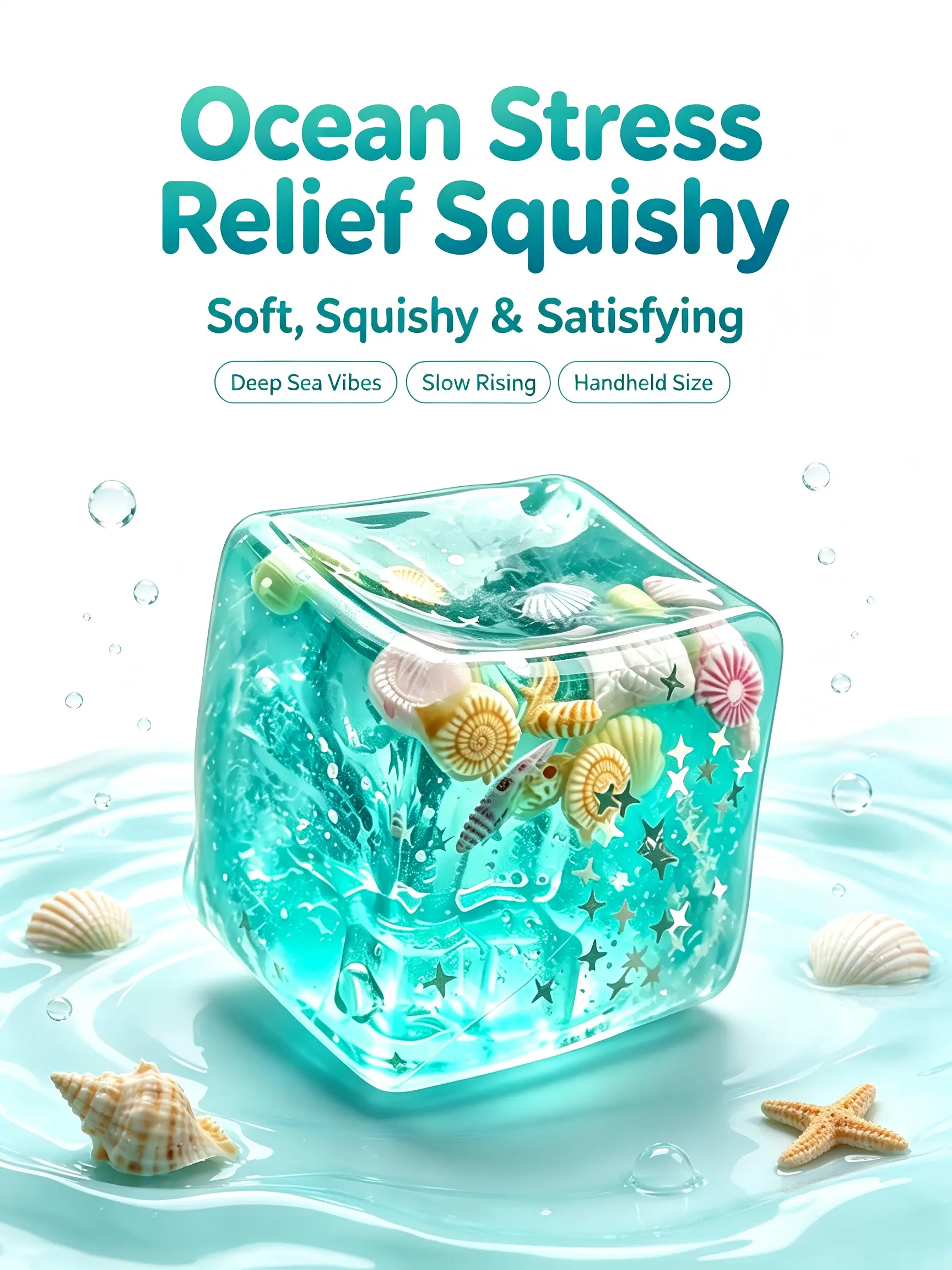 Super Soft Transparent Jelly Squishy, Clear Ocean Cube  Toy with Star Charms, Satisfying Sensory Fidget Toy for Stress Relief & Desk Decor Cute Transparent Jelly Squeeze Toy with Shell Charms, Sensory Fidget Desk Toy for Stress Relief  Teens Gift Exchange